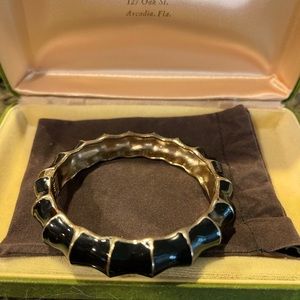 Vintage Black and Gold Tone Bamboo Cuff Clamp Bangle Bracelet
